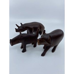 3 Wood Carved African Animals Primitive Unique Warthog Rhino Water Buffalo